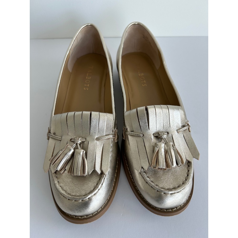 Talbots Laura Tassels Gold Metallic Leather Kiltie Loafers 9M 203041336